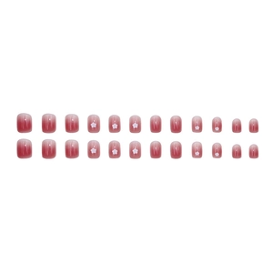 Pink gradient press-on nails set with small white flower patterns and jelly finish