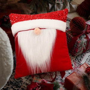 Christmas gnome pillow cover with red sequin hat and white faux fur beard decor