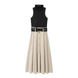 Robe Longue Élégante Sans Manches À Col Montant Patchwork Avec Ceinture Design Color Block Pour Femmes