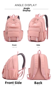 Vista da quattro angolazioni dello zaino in nylon rosa con dettagli di tasche