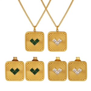 Gold stainless steel square pendant necklace and earrings set with green gemstones