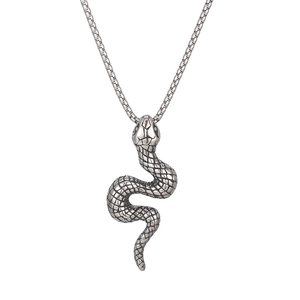 Vintage stainless steel snake pendant necklace with detailed scales on box chain