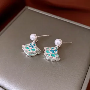 Elegant silver ginkgo leaf earrings with zircon, blue enamel and white pearls for women