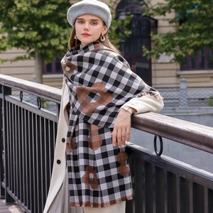Women's Plaid Floral Scarf Imitation Cashmere Thick Warm Winter Shawl With Tassel Elegant Warp Knitted Wrap For Lady