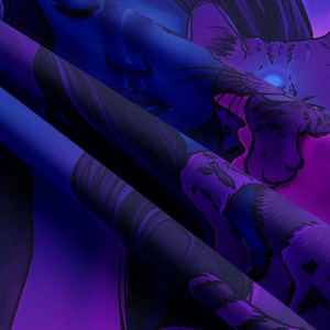 Detailed macro shot of dark neon aesthetic printed tapestry with soft fabric texture