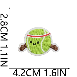 Detail of cartoon tennis patch with embroidery texture and dimensions in cm and inches