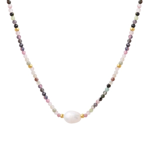 Colorful natural stone necklace with freshwater baroque pearl and gold accents