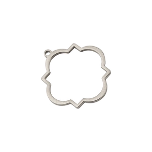 Detailed close-up of a silver hollow clover geometric pendant with mirror finish