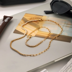 Stainless Steel Necklace For Women Chic Asymmetric Zircon Tennis Chain And Paperclip Link Splicing Luxury Fashion Jewelry