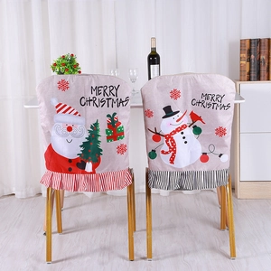 Christmas Chair Back Covers Linen Santa Snowman Print Ruffled Striped Hem Holiday Dining Table Home Party Decor
