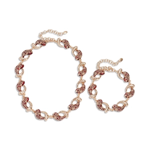 Vintage gold necklace and bracelet set with red enamel water drop flower patterns