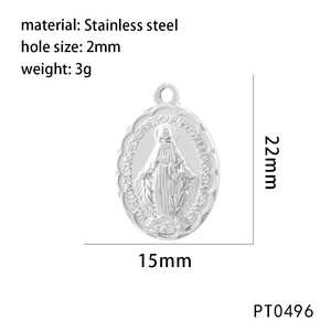 Detailed view of silver stainless steel Virgin Mary oval pendant with dimensions 22x15mm