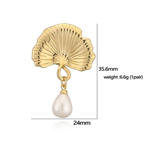 Elegant 18K gold plated ginkgo leaf earrings with teardrop pearl drops and size specs