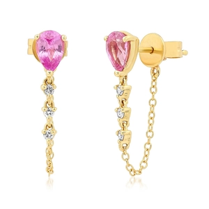 Detail view of S925 silver pink pear-cut zircon earrings with gold tassel chains