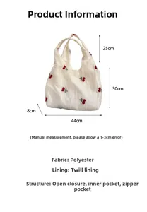 Detailed size chart of white canvas tote bag with embroidered cherries and dimensions
