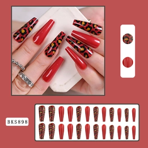 Detail of red and leopard print coffin press-on nails including a 24-piece full set layout