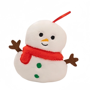 Plush snowman Christmas ornament with red scarf and hanging loop on white background