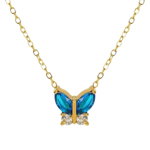 Collier papillon élégant en acier inoxydable 18K avec pierres marquises bleues