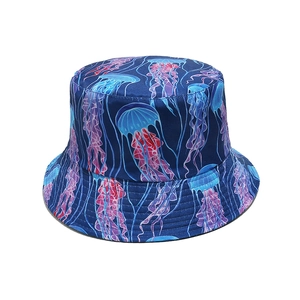 Navy blue sun hat featuring colorful glowing jellyfish print for outdoor summer travel