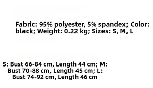 Detailed chart showing black tube top fabric info 95 polyester and size measurements