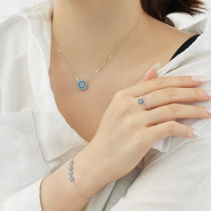 S925 Sterling Silver Evil Eye Jewelry Set with blue zircon necklace ring and bracelet