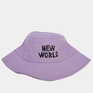 Detail of purple cotton bucket hat showing NEW WORLD print and fine stitching on the brim