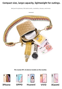 Detail view of large capacity quilted nylon phone crossbody bag with accessories