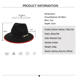 Black wool felt jazz fedora hat with red trim and gold buckle, size chart display