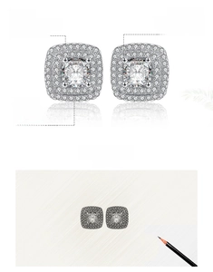 Detail view of 925 sterling silver stud earrings featuring 5A princess cut halo cubic zirconia