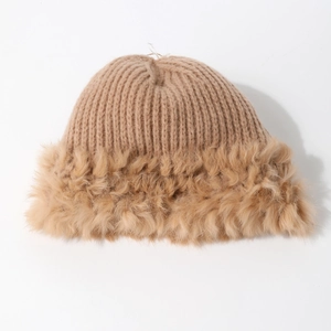 Women's warm winter knitted hat with bear ears and premium faux fur trim in khaki color