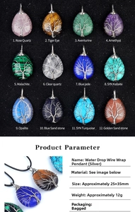 Detailed size specifications for teardrop wire-wrapped tree of life crystal pendants