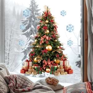 Detailed Christmas tree window sticker set with colorful gift boxes and blue snowflakes