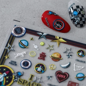 5D embossed space astronaut nail stickers with planets and metallic stars for 3D nail art