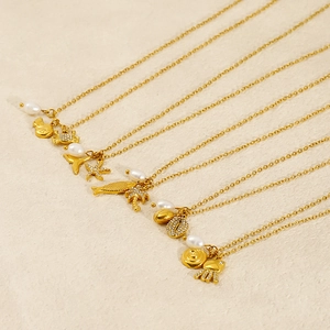 Bohemian gold stainless steel necklace with sparkling starfish and pearl pendants