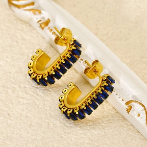 French vintage gold C-shape earrings with rectangular navy blue cubic zirconia stones