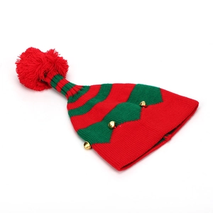 Christmas knit hat with red and green stripes, featuring a plush pompom and golden bells