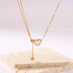 18k gold plated Y-necklace with heart shell pendant and adjustable gold ball drop