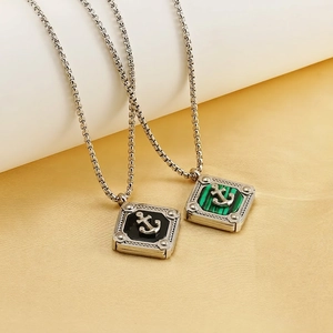 Nautical Anchor Square Pendant Necklace Stainless Steel Retro Punk Jewelry With Onyx And Malachite For Men Women