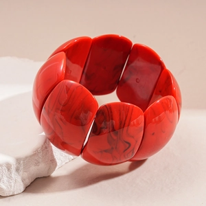 Exaggerated geometric acrylic stretch bracelet with red and black marble texture