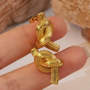 Exaggerated Stainless Steel Knotted Stud Earrings For Women Trendy Brushed Texture Button Style Gold Plated Niche Design Fashion Jewelry