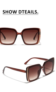 Macro view of square amber sunglasses with golden metal accents and gradient brown lenses