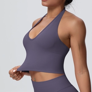 Purple high-stretch halter sports bra and leggings set with breathable knit fabric