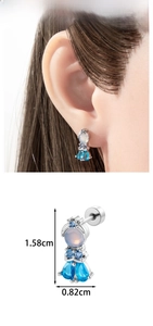 Detailed view of mermaid zircon ear studs with blue gemstones and size measurements