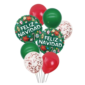 Christmas balloon set with Feliz Navidad foil balloons and red green latex sequins