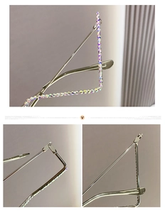 Dettaglio occhiali di lusso a mezza montatura con catena in metallo e strass iridescenti