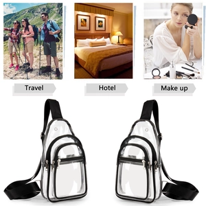 Detail view of clear PVC crossbody bag showing travel, hotel, and makeup use cases