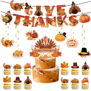 Detailed set of Thanksgiving party decorations including Give Thanks banners and cake toppers