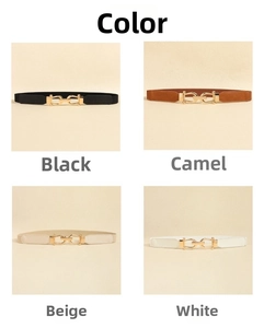 Detail view showing black, camel, beige, and white elastic belts with gold double rings