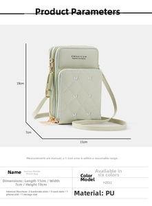 Detail view of light green crossbody phone bag with quilted texture and size specifications