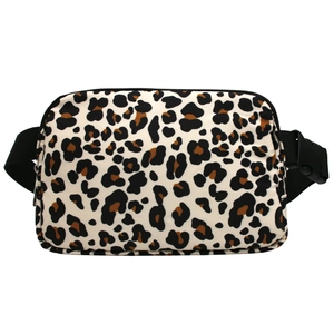 Waterproof leopard print nylon belt bag with black strap and buckle on white background